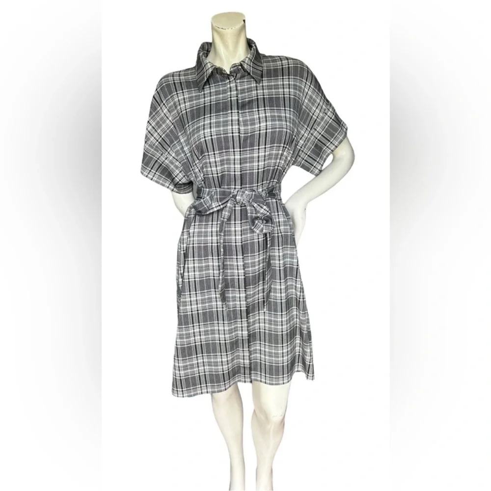 Alice + Olivia Lucette Plaid Belted Mini Dress Black & Gray Size Large - Picture 3 of 11